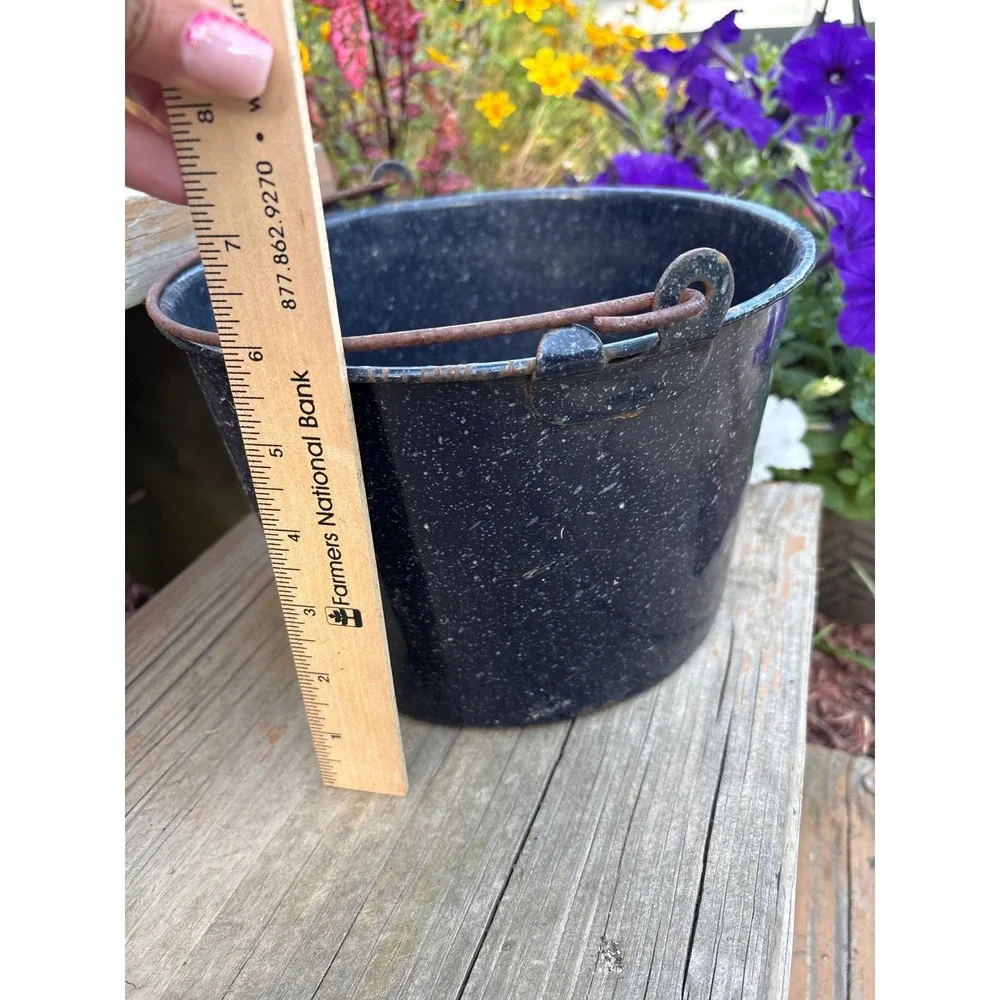 Vintage Cobalt Blue Speckled Enamelware Farmhouse Wire Handle Berry Pail 6 inch